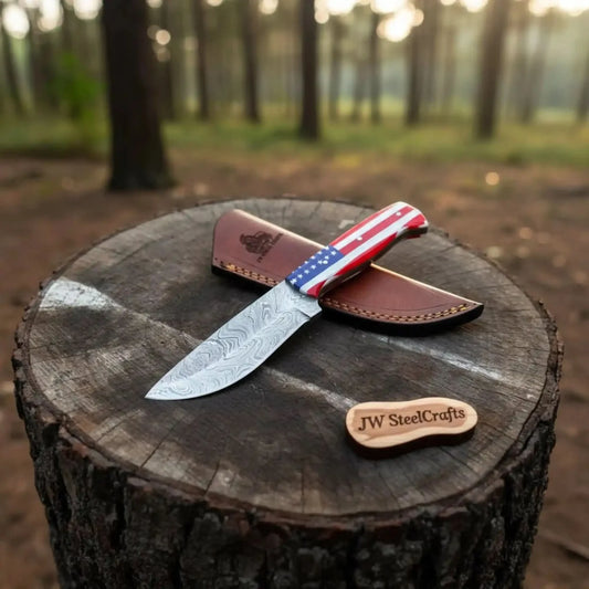 Damascus Steel USA Flag Outdoor Knife — Wave Pattern Blade, American Flag Resin Handle & Burgundy Leather Sheath