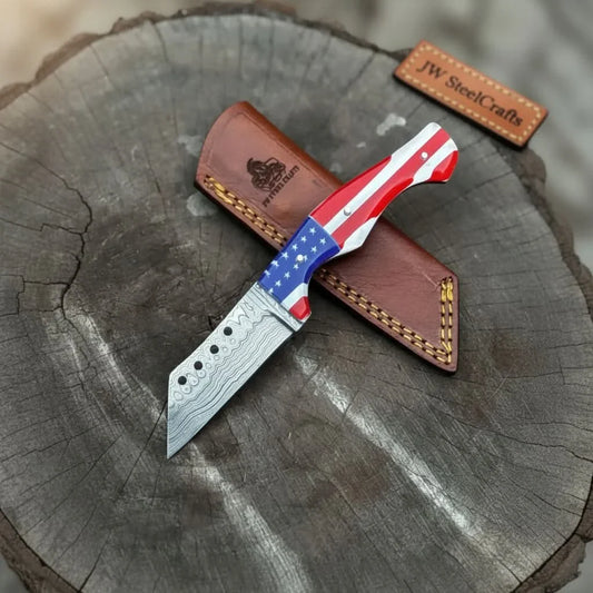Damascus Tanto Fixed Blade Knife with American Flag Resin Handle, and Leather Sheath