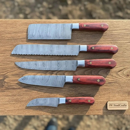 10" Chinese Cleaver & 13" Carving Knife Set — Twisted Damascus Steel with Red Pakka Wood Handles | JW SteelCrafts