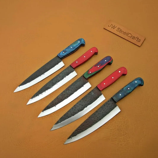 5-Piece Kurouchi Carbon Steel Kitchen Knife Set — Gyuto, Santoku, Utility, Petty & Paring with Multicolor Pakka Wood Handles | JW Steel Crafts