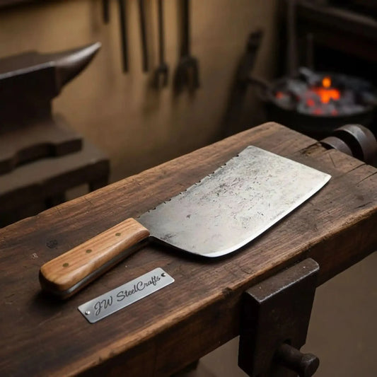 14-Inch Forged High Carbon Steel Butcher Cleaver — Filework Spine & Natural Hardwood Handle