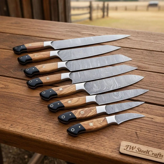 7-Piece Full Tang Damascus Gyuto Knife Set with Olive Wood Handles