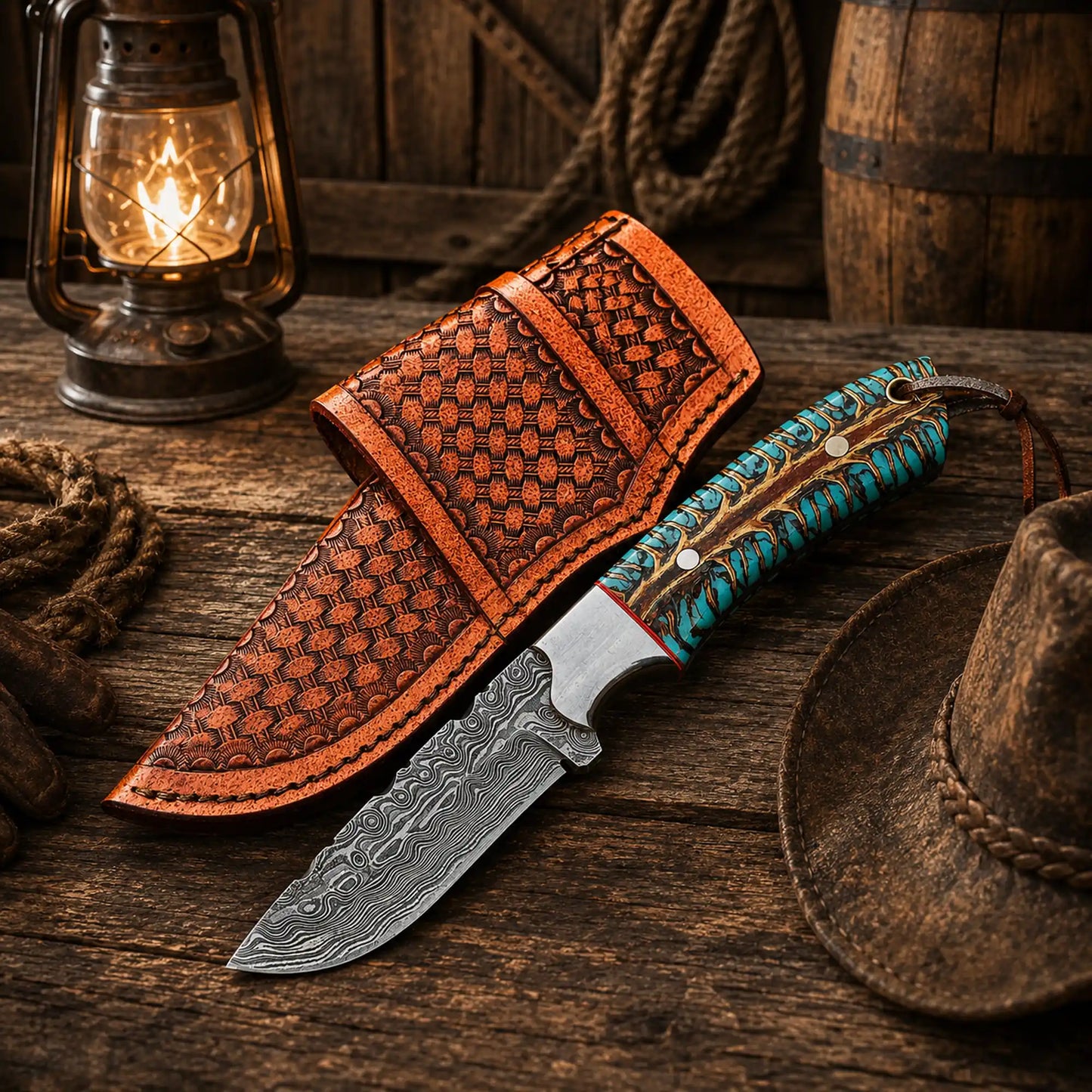 Western Belt Carry Knife – 4” Damascus Blade Pinecone Handle