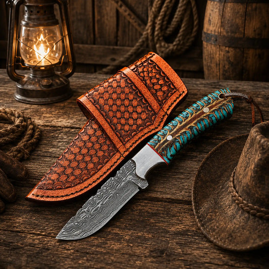 Western Belt Carry Knife – 4” Damascus Blade Pinecone Handle