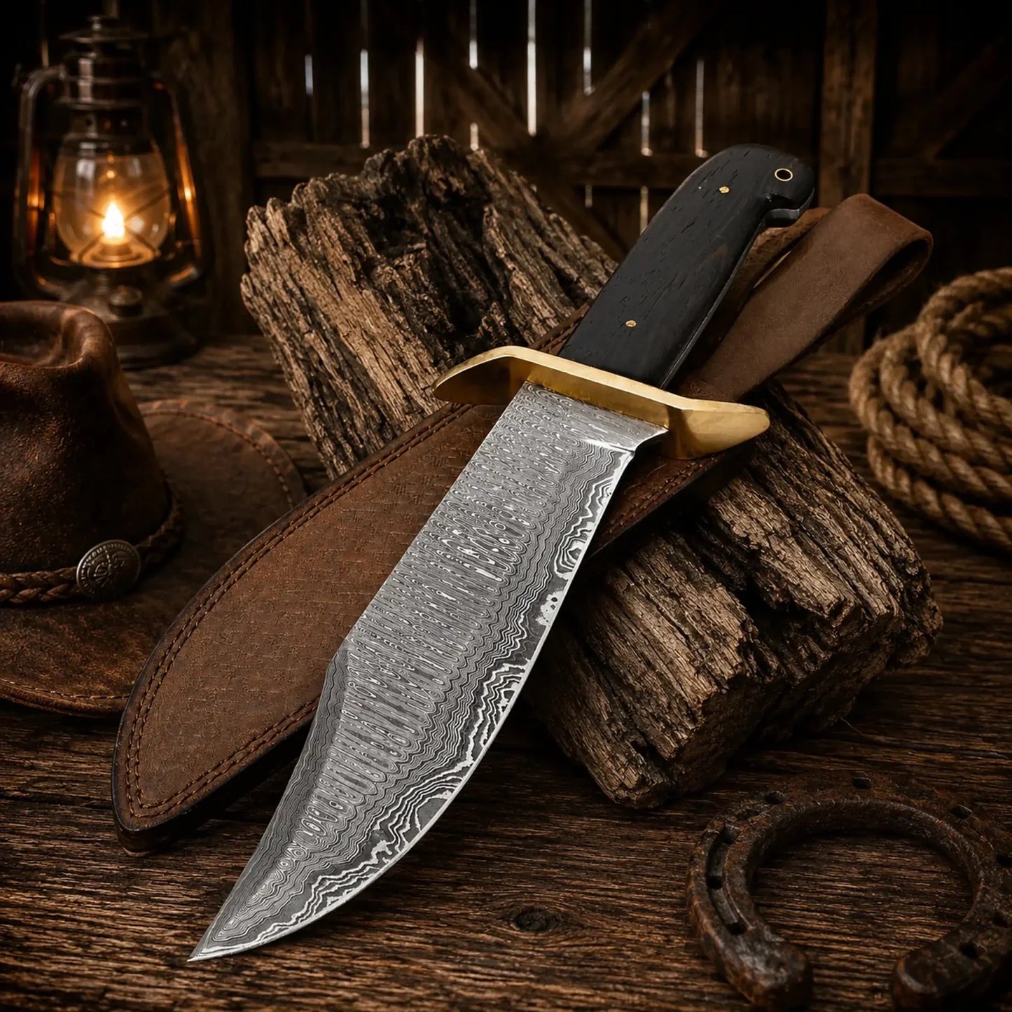 Western Cowboy Bowie Knife – Damascus Steel Wenge Wood Handle