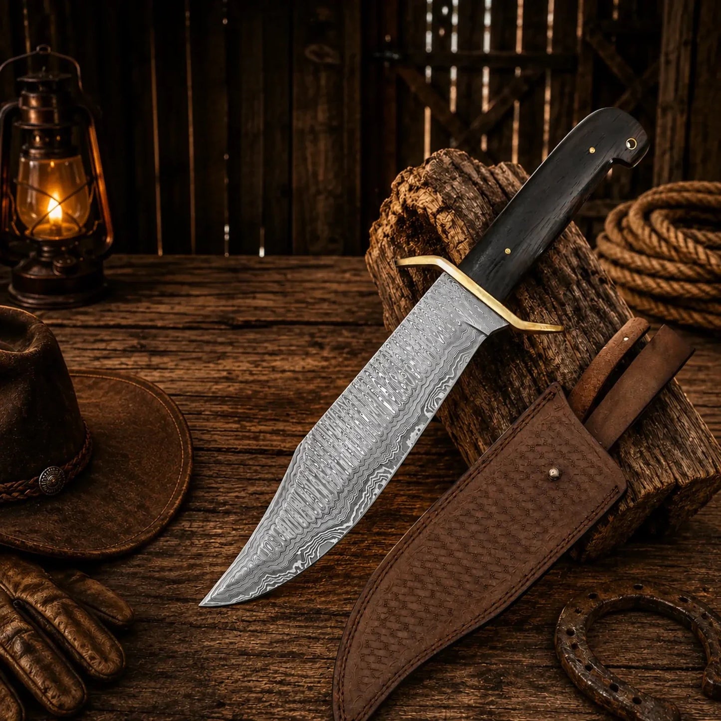 Western Cowboy Bowie Knife – Damascus Steel Wenge Wood Handle