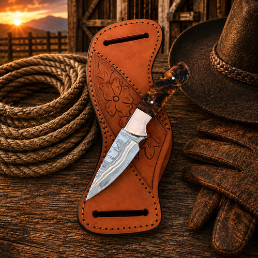 Copper Damascus Western Belt Knife – 3” Blade Epoxy Handle