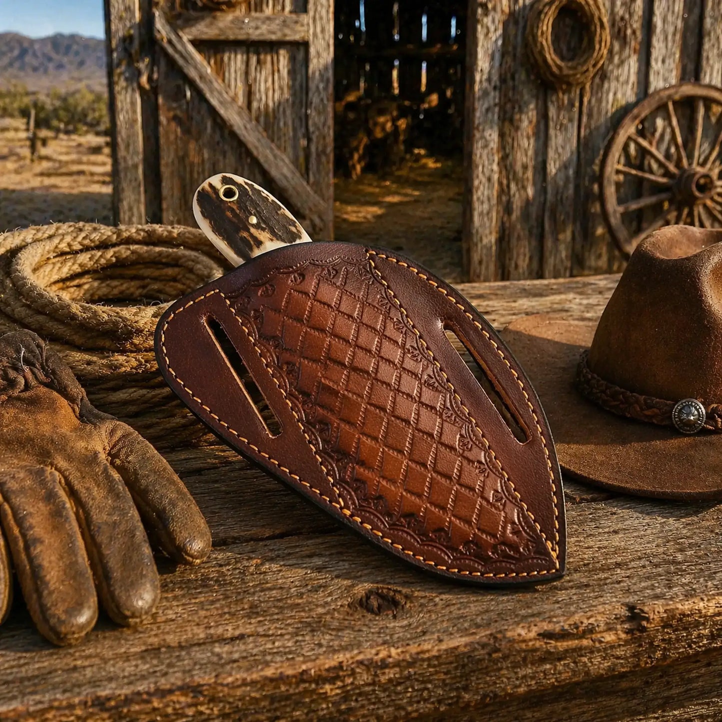 Western Ranch Knife – 3.5” Rasp Blade Antler Handle & Pancake Leather Sheath