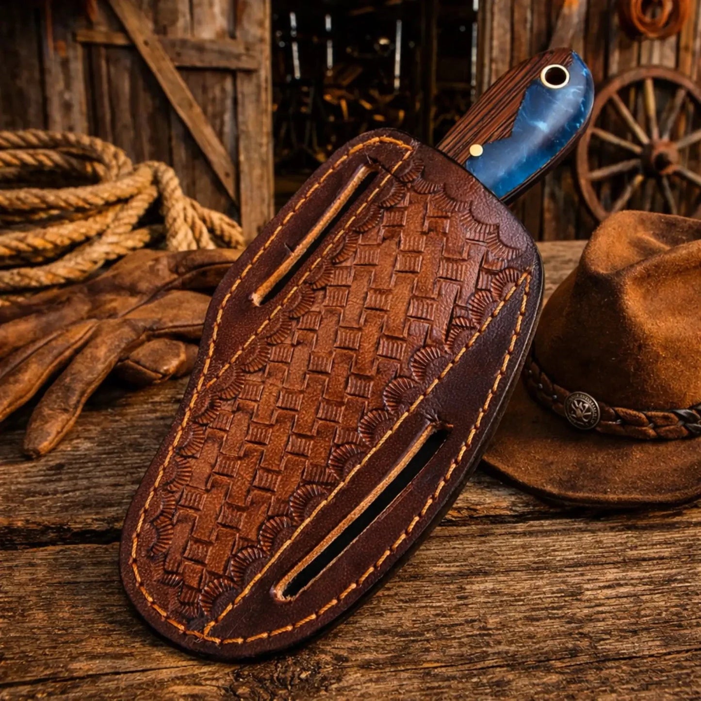 Western Rasp Steel Knife & Belt Sheath – 3.75” Blade, Epoxy Resin & Wenge Wood Handle