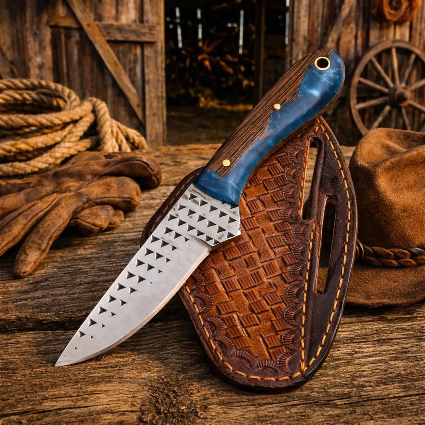 Western Rasp Steel Knife & Belt Sheath – 3.75” Blade, Epoxy Resin & Wenge Wood Handle