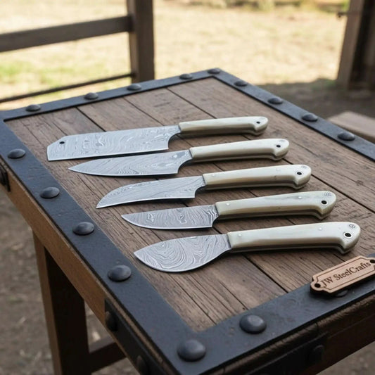 5-Piece Handmade Damascus Steel Kitchen Knife Set – White Micarta Handles | Chef, Santoku, Utility, Paring & Petty Knives