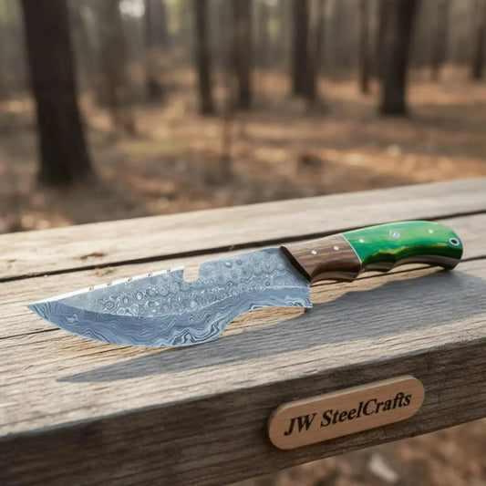 Handmade Damascus Tracker Knife 10 Inch with Green Pakka Wood and Rosewood Handle