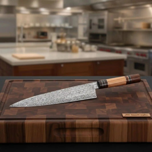 13" Raindrop Damascus Kiritsuke Chef Knife — 8" Blade with Olive Wood & Rosewood Handle