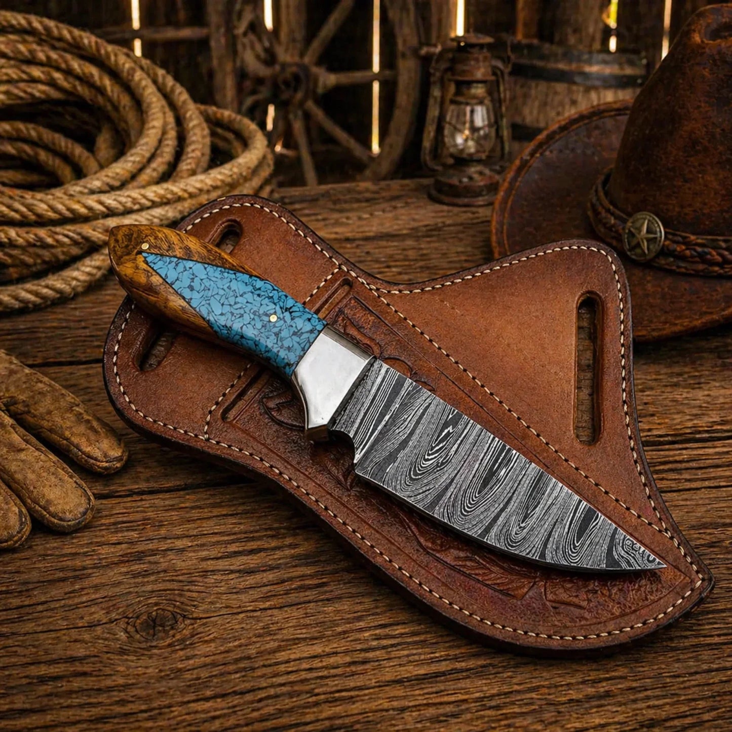 Working Ranch Knife Damascus Steel Wood & Turquoise Handle EDC