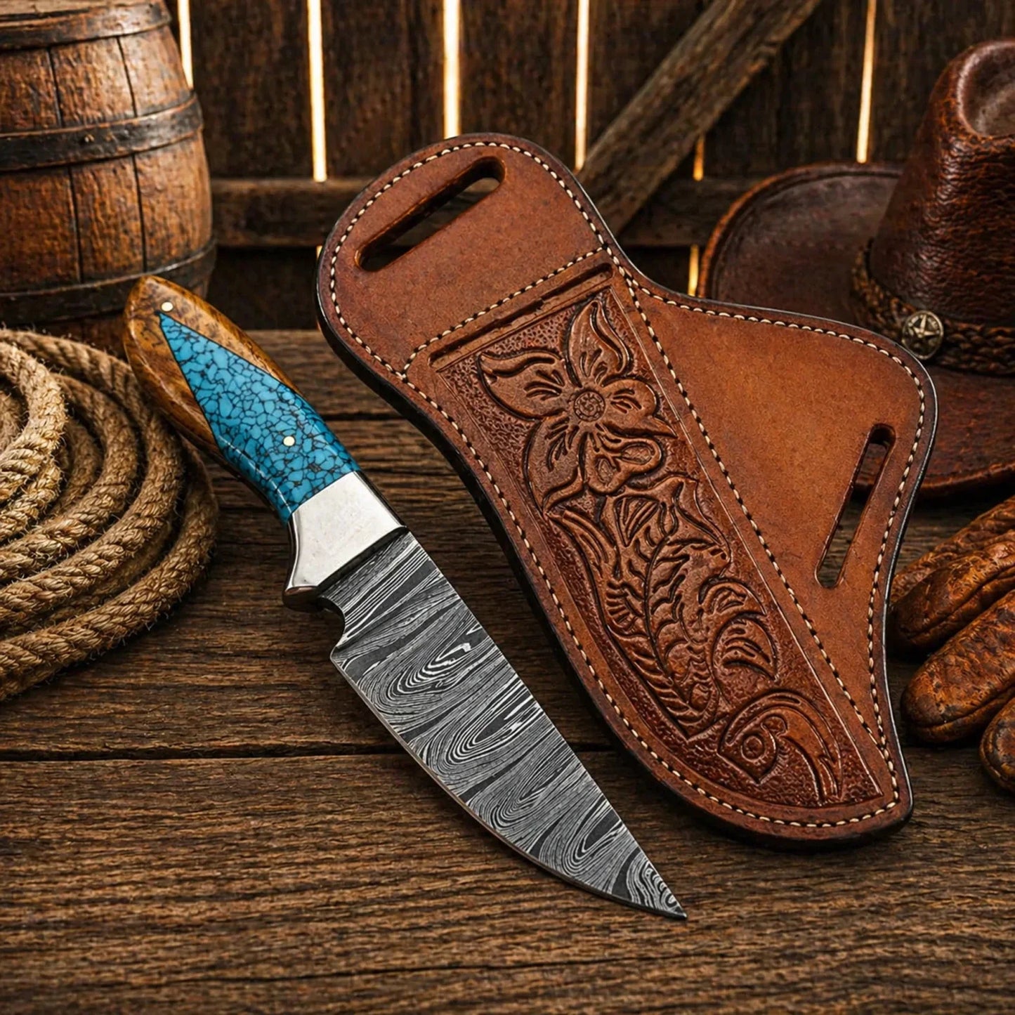 Working Ranch Knife Damascus Steel Wood & Turquoise Handle EDC