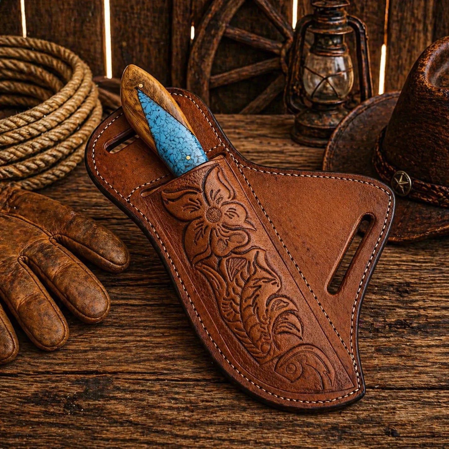 Working Ranch Knife Damascus Steel Wood & Turquoise Handle EDC